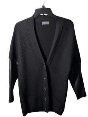 Falconeri Italy Luxury Merino Wool Leather Sleeve Cardigan Sweater Black S
